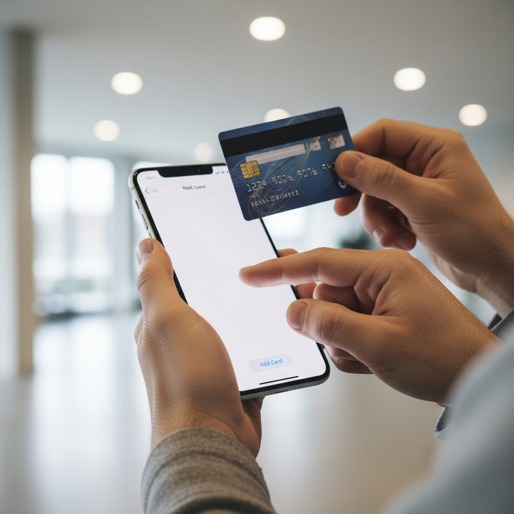 아이폰을 사용하여 결제 카드를 등록하는 손