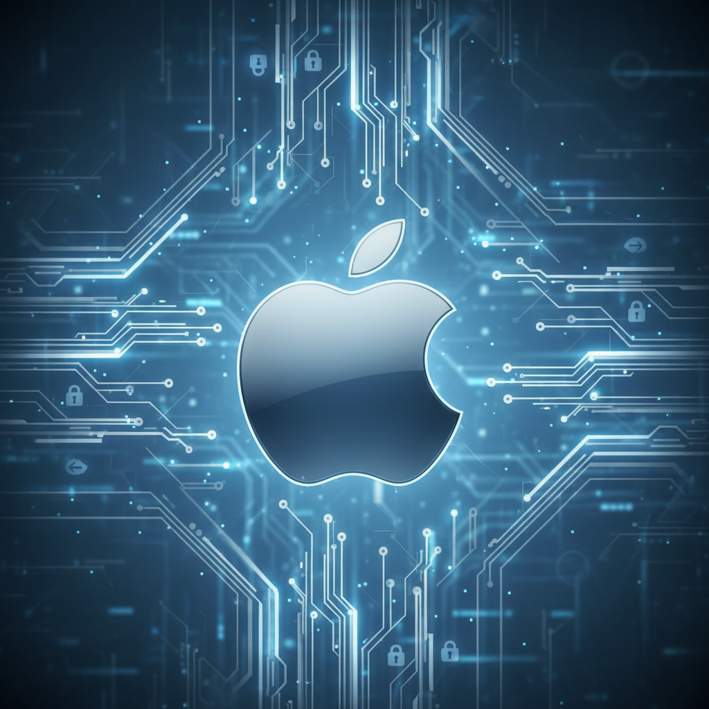 기술적인 배경 위에 배치된 애플 로고와 회로 패턴