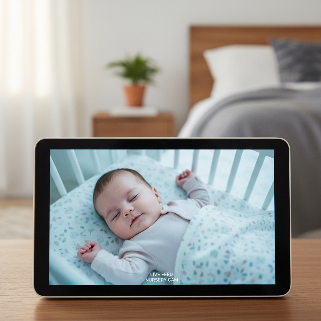 아기방의 상태를 홈패드 화면으로 확인하는 모습