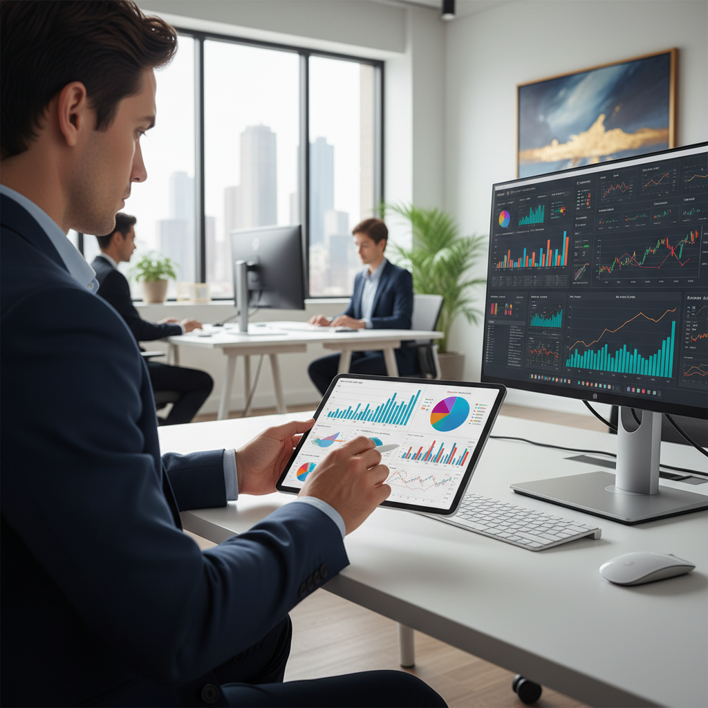사무실에서 태블릿으로 데이터 분석을 하는 모습