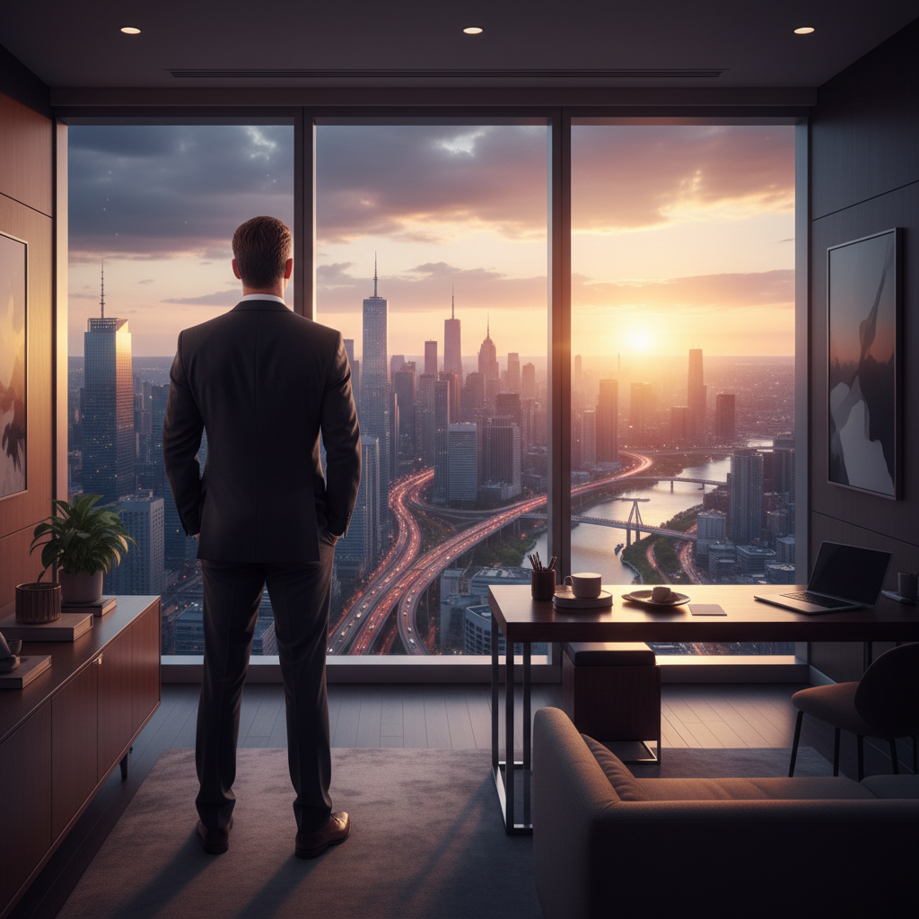 창밖의 도시 전경을 바라보는 경영자의 뒷모습