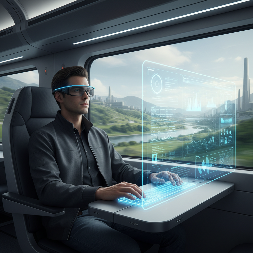 A person sitting in a modern high-speed train, wearing sleek AR smart glasses. A large, semi-transparent virtual computer screen is floating in the air in front of them. The background is a blurred scenic view through the train window. High-tech and lifestyle photography style, natural daylight, 4:3