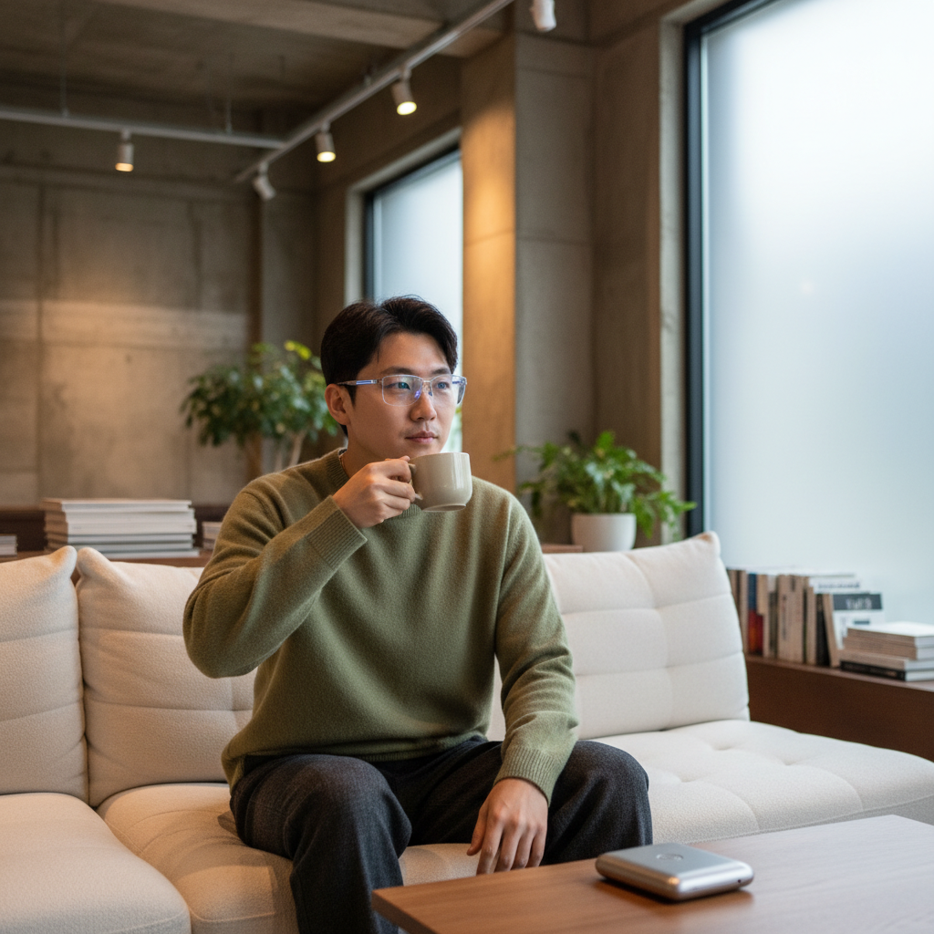 세련된 디자인의 스마트 글래스를 착용한 남성