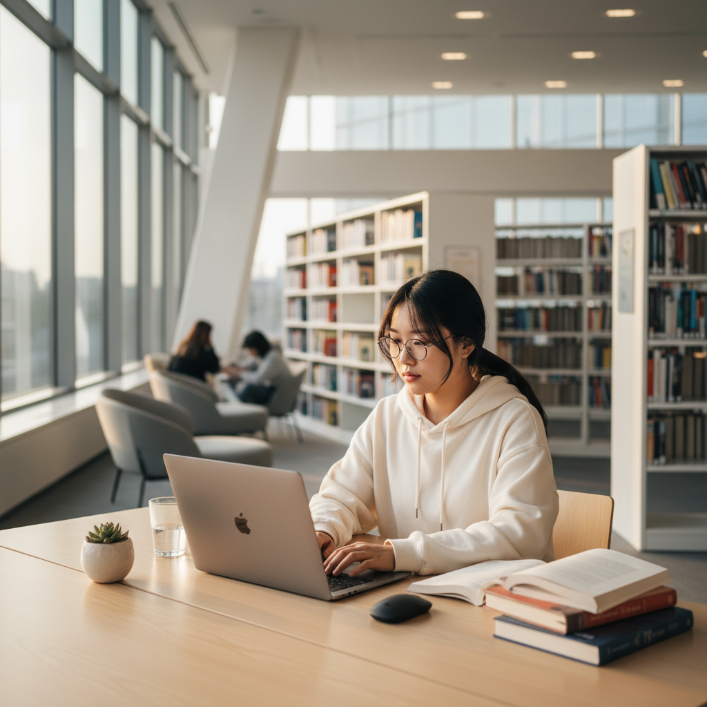 맥북으로 코딩에 집중하고 있는 학생의 모습