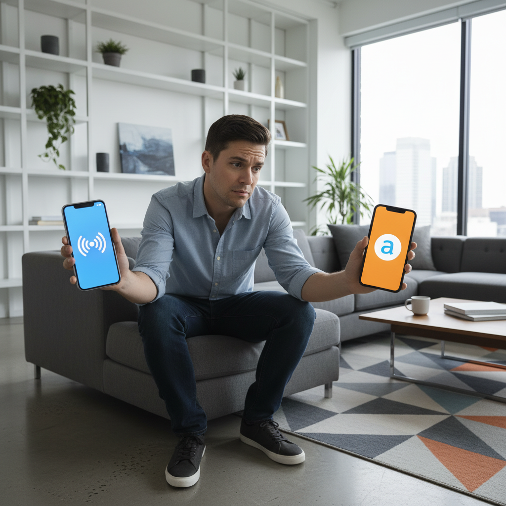 스마트폰을 보며 고민하는 사용자