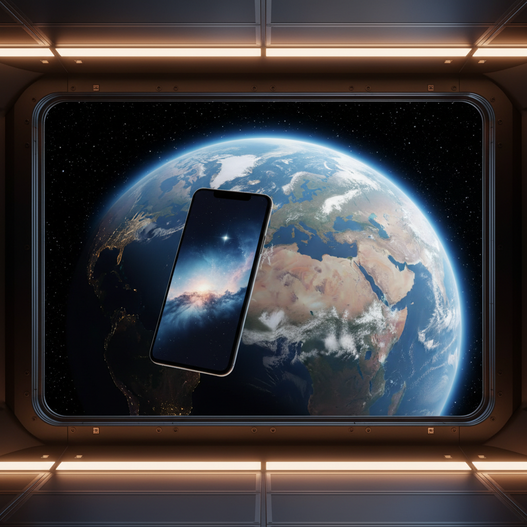 우주선 창가에 놓인 스마트폰과 지구의 모습