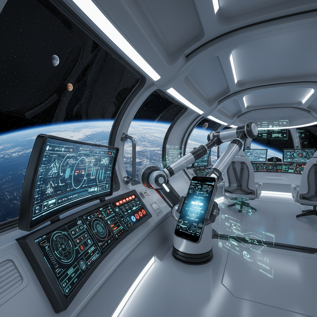 우주선 내부 통신 장비와 함께 거치된 아이폰