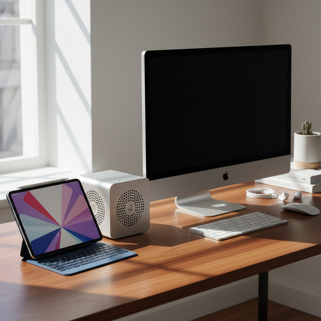 다양한 애플 기기들이 놓인 책상