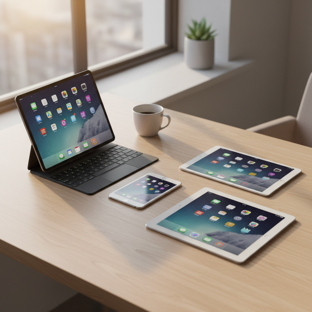 깔끔한 책상 위에 놓인 다양한 아이패드 모델들