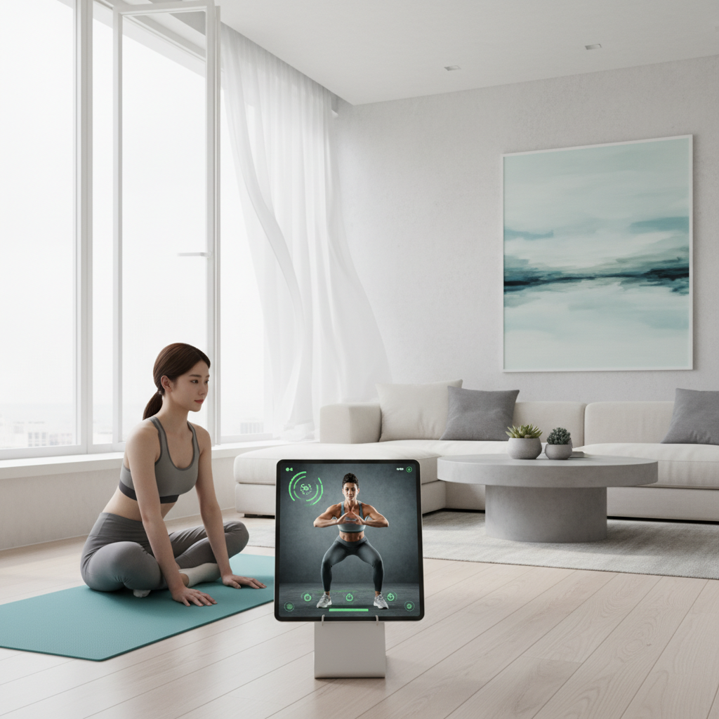 세련된 거실에서 아이패드로 운동 영상을 보는 모습