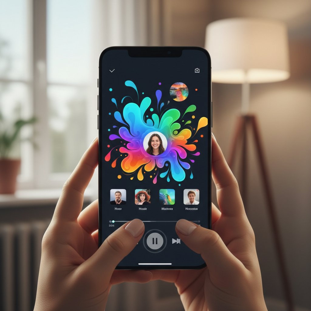 스마트폰으로 음악 앱을 이용하는 모습