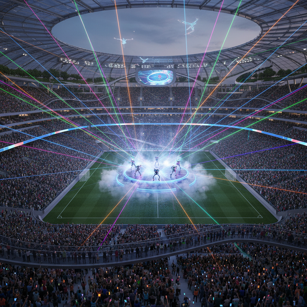 대형 경기장을 가득 채운 화려한 레이저 쇼