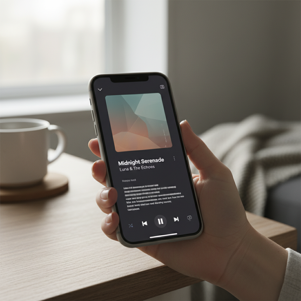 스마트폰 음악 앱의 흐릿한 가사 화면