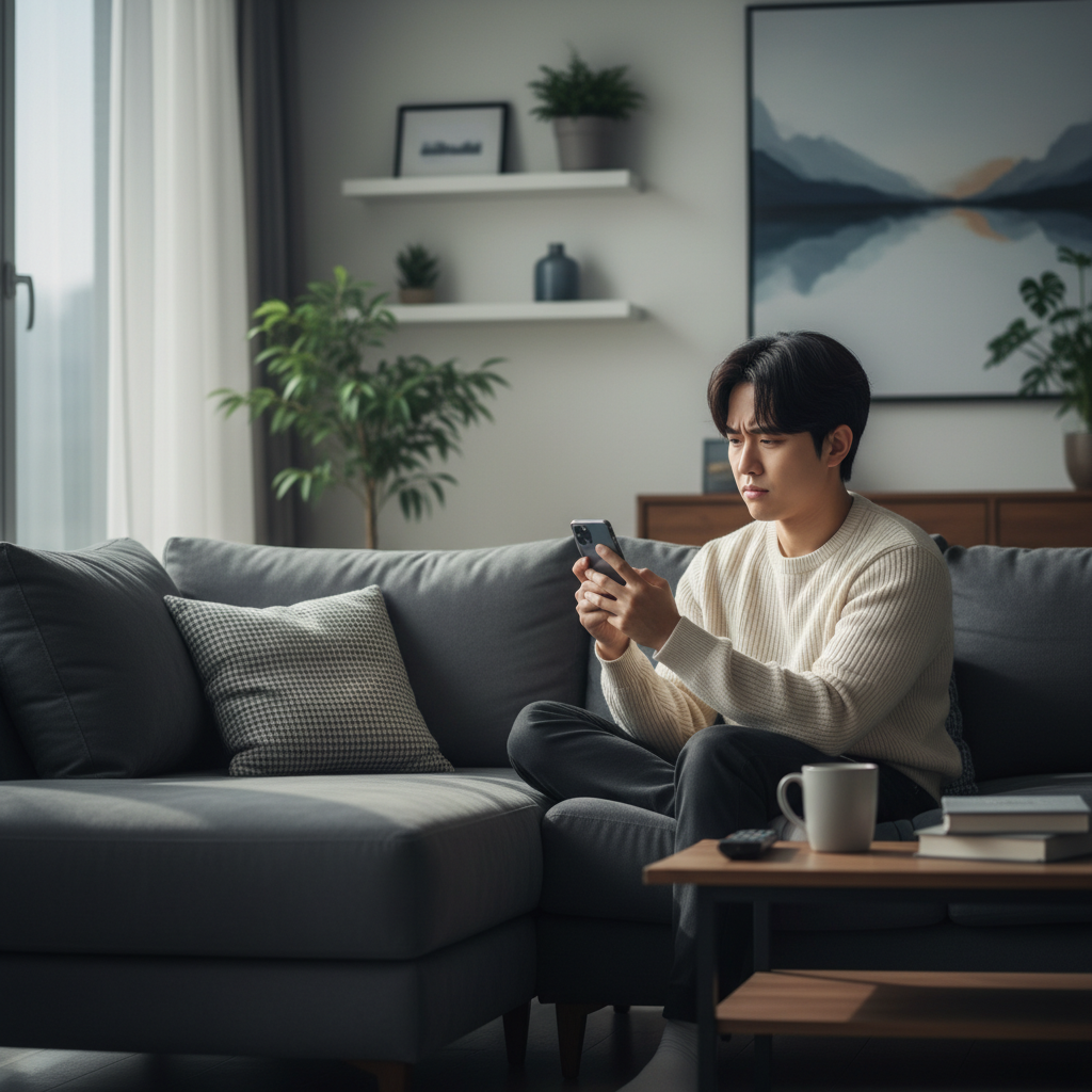 스마트폰을 보며 고민하는 현대인의 모습