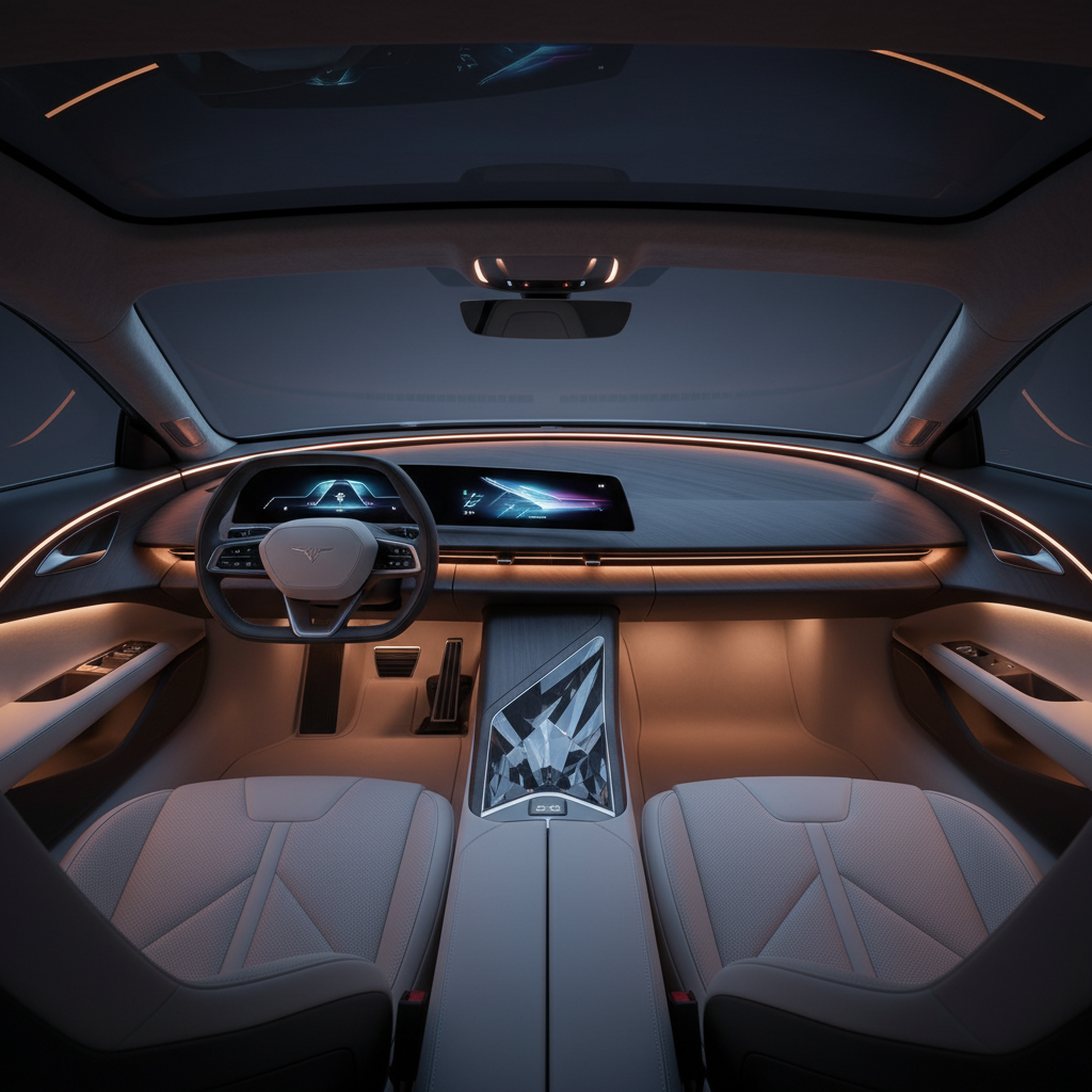A futuristic and luxurious interior of a modern electric sports car focusing on minimalist dashboard and elegant lighting without any text 4:3