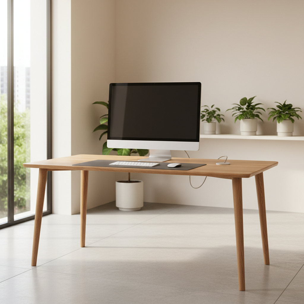 A sleek Apple Studio Display on a minimal oak desk in a bright modern office, soft natural daylight through a window, clean setup with a wireless keyboard and mouse, high-end lifestyle photography, 4:3