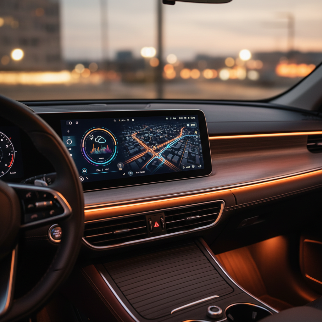 A close up of a modern car dashboard with a high tech screen showing a colorful user interface with widgets for weather and navigation, warm cabin lighting, cinematic photography, no text, 4:3