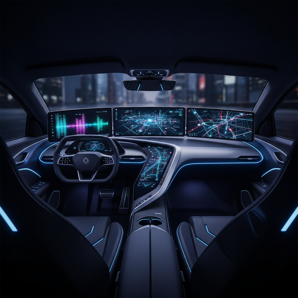 디지털 디스플레이가 가득한 미래형 자동차 콕핏