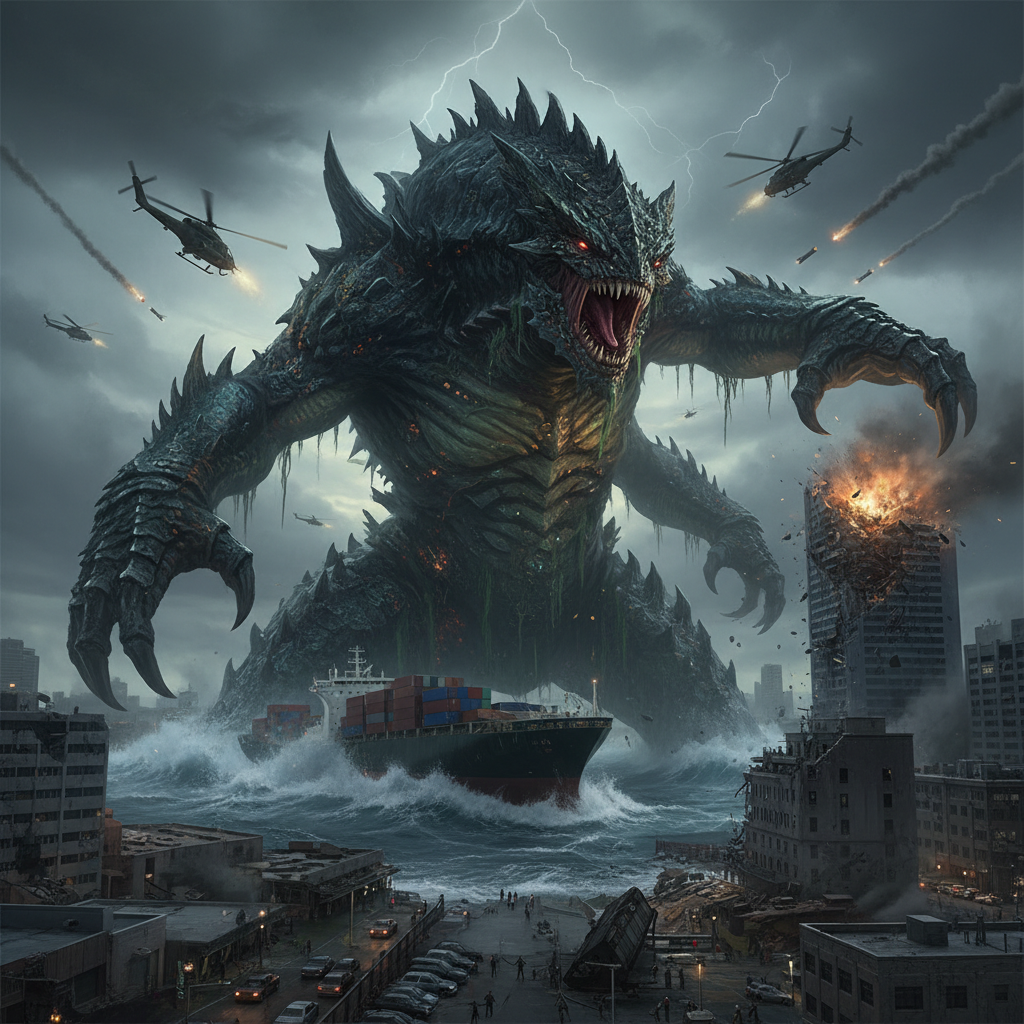 Giant monster emerging from the sea in a modern harbor city with military helicopters circling around. Cinematic scale, epic atmosphere, realistic texture. 4:3