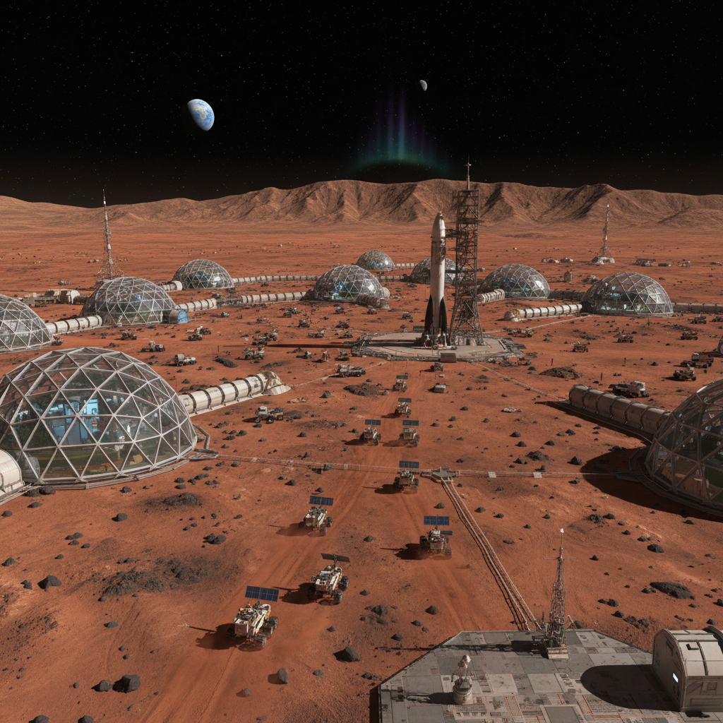 미래형 우주 기지와 화성 표면의 탐사선