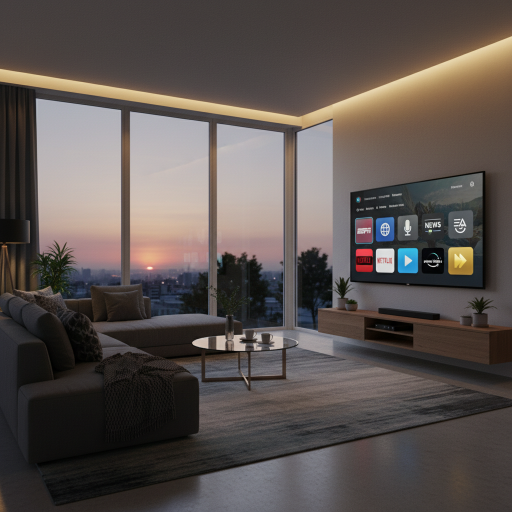 A modern living room with a large smart TV showing a variety of streaming channel icons including sports, news, and entertainment logos. The interface is clean and user-friendly. Soft evening light, cinematic lifestyle photography. 4:3