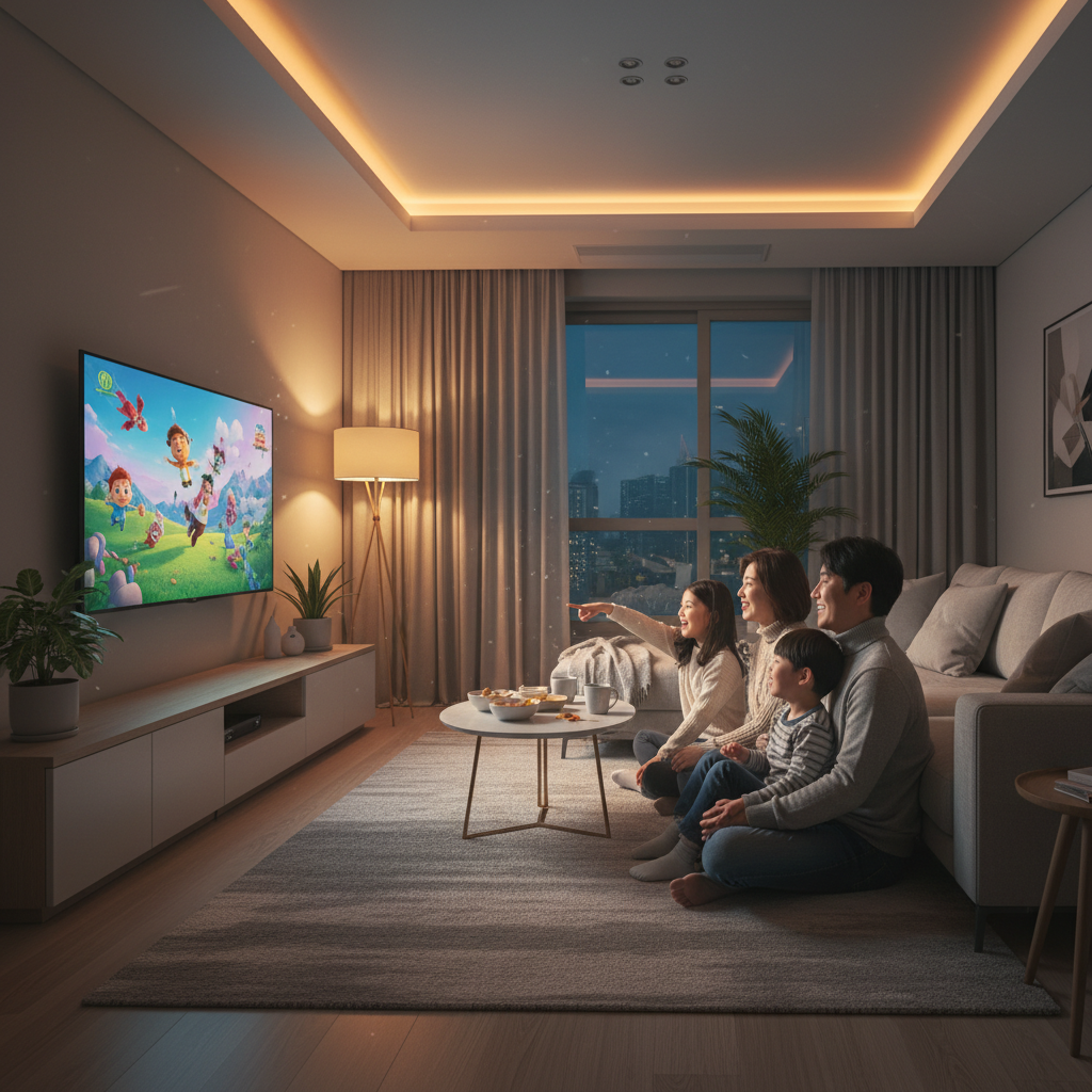 거실에서 아이들과 함께 만화 영화를 보는 가족