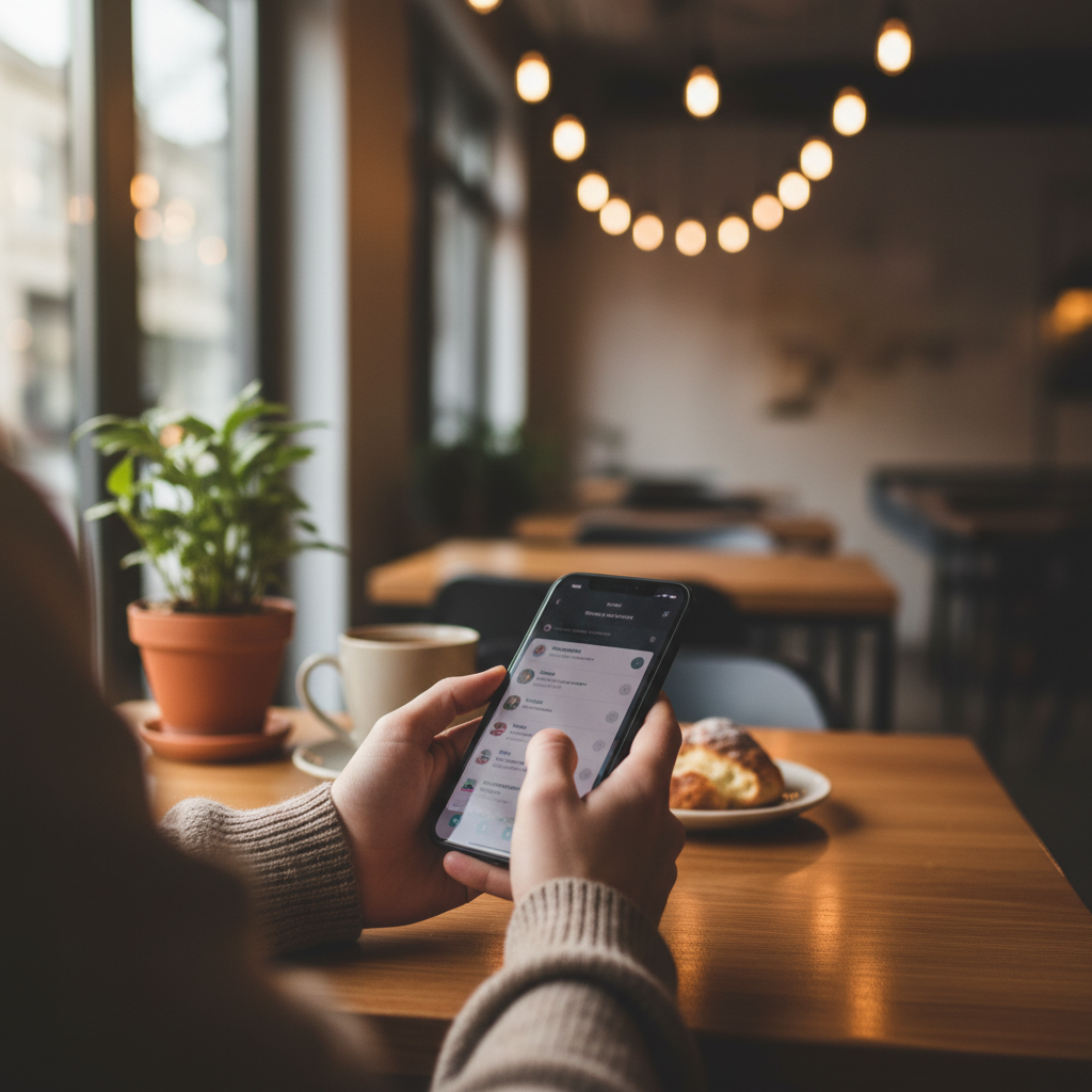 아이폰을 사용하는 카페 내부의 일상적인 모습