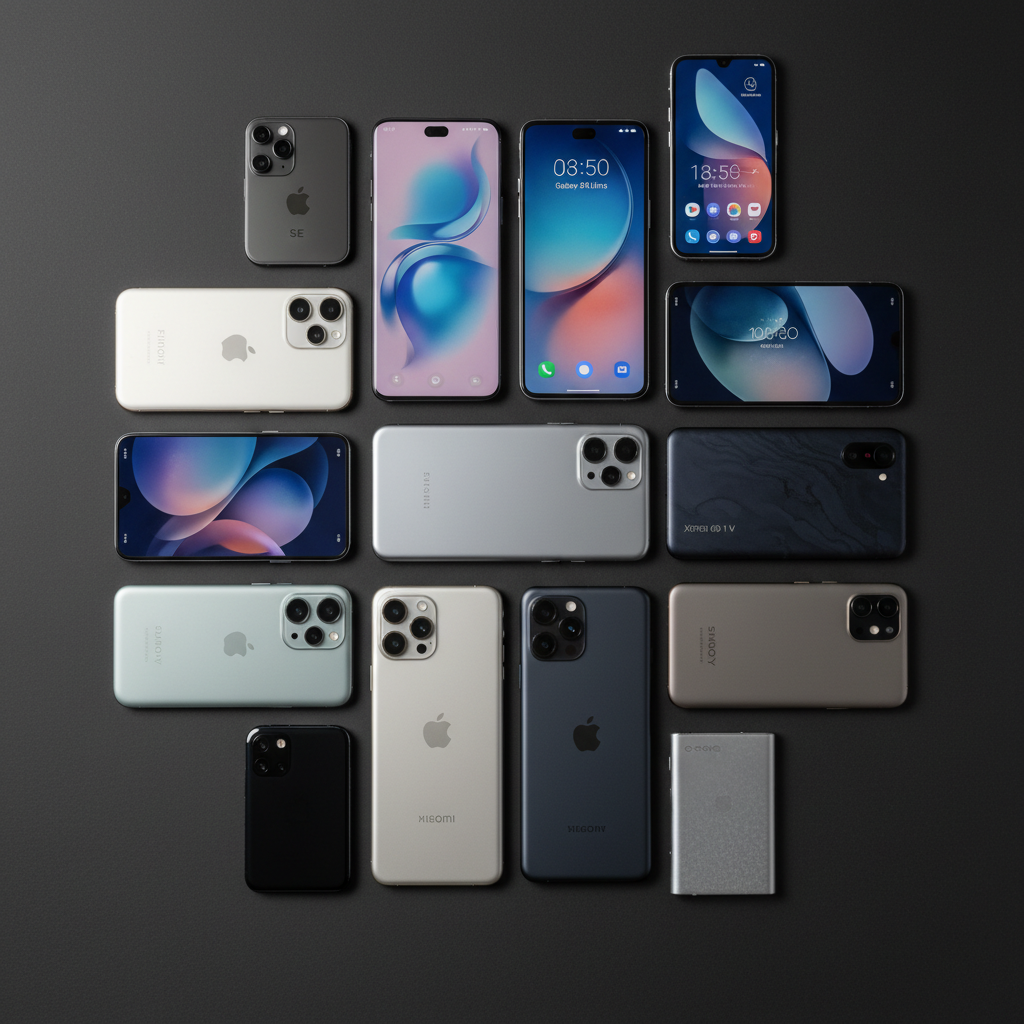 다양한 브랜드의 스마트폰이 나열된 모습