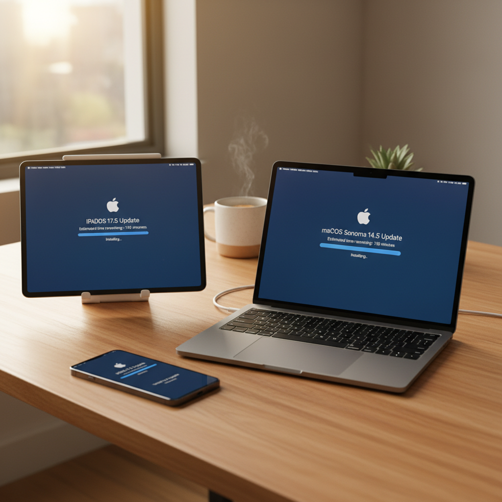 다양한 애플 기기들이 나란히 놓여 소프트웨어를 동기화하는 모습
