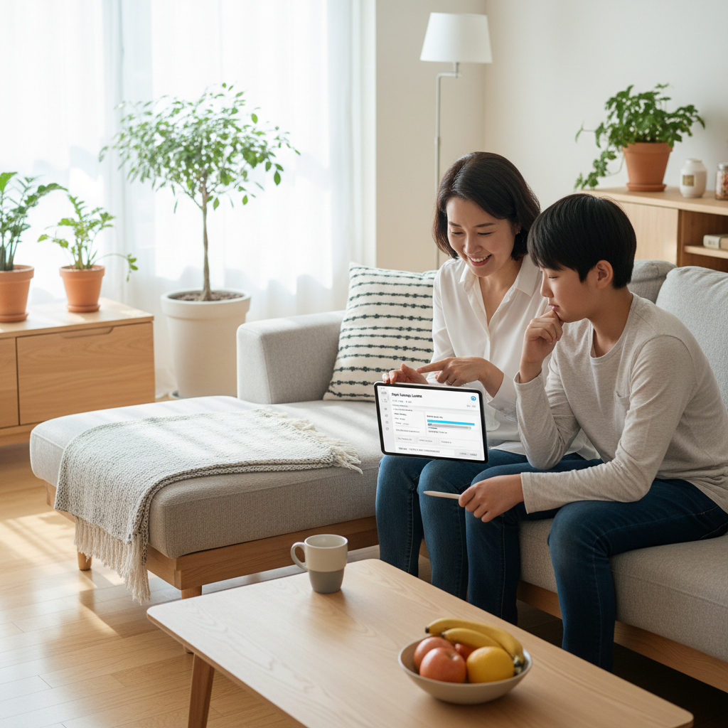 스마트폰 사용 시간을 관리하는 부모와 아이