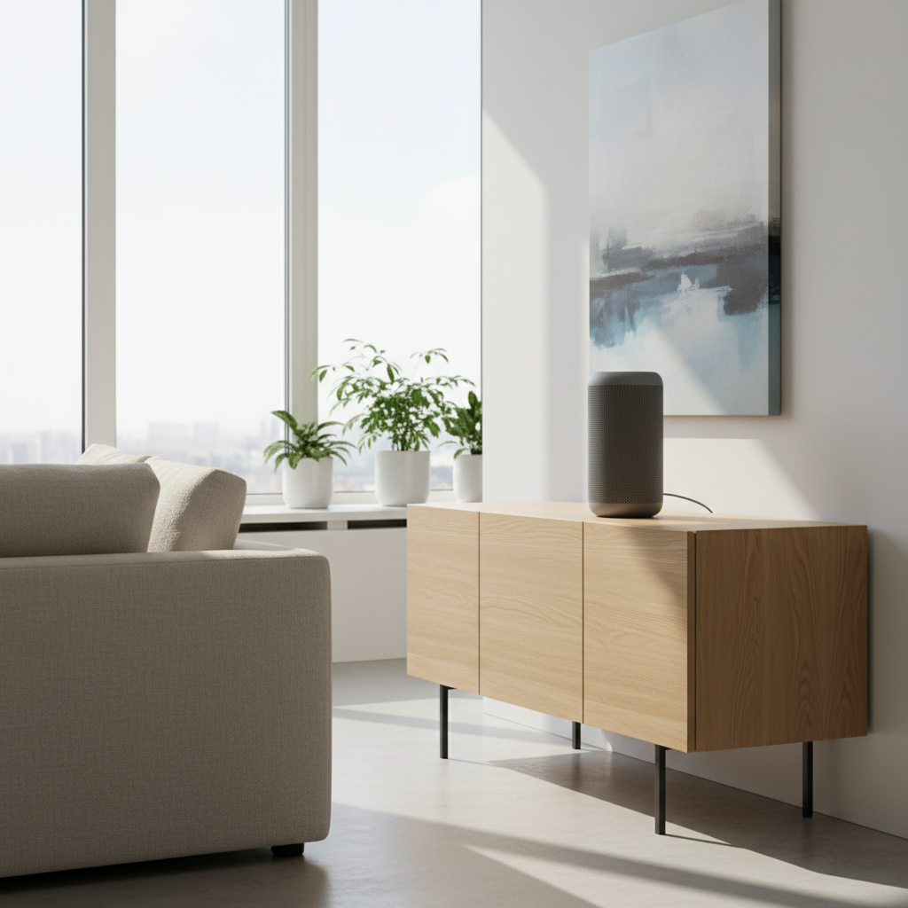 A sleek Apple HomePod sitting on a minimalist wooden sideboard in a brightly lit modern living room, soft natural sunlight, cinematic atmosphere, 4:3