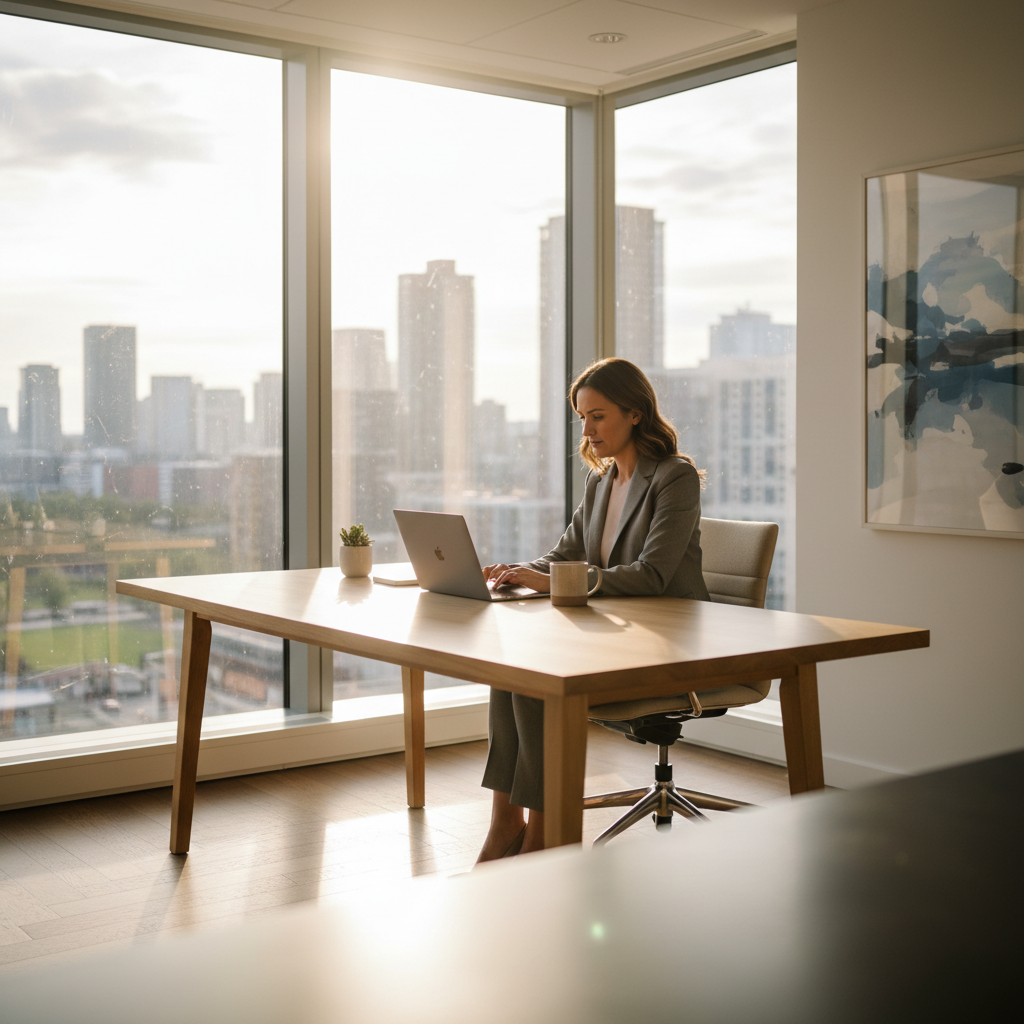 세련된 작업 환경에서 맥북을 사용하는 사용자의 모습