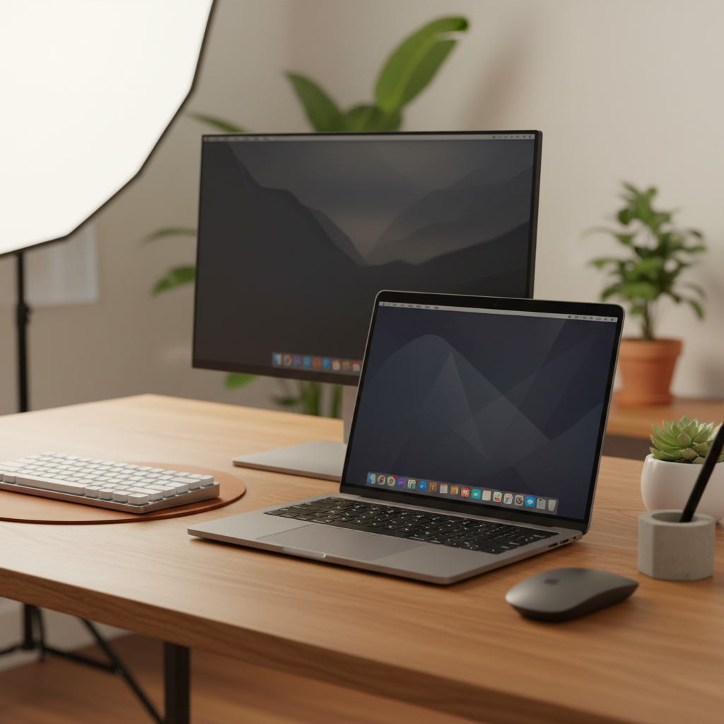 깨끗한 데스크셋업 환경에서 작업 중인 맥북 프로