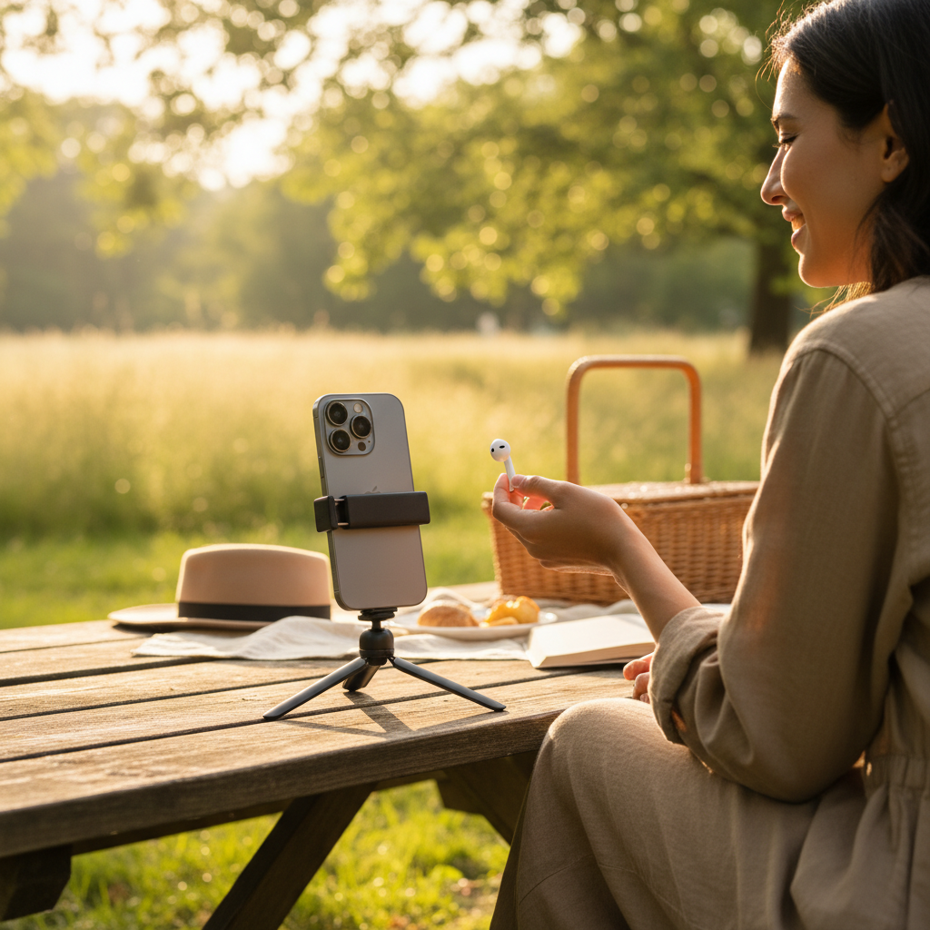 삼각대에 세워진 아이폰과 에어팟을 든 손