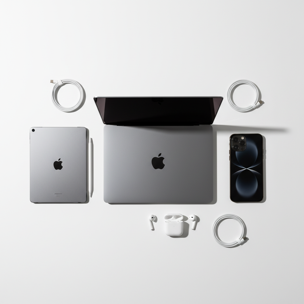 깔끔한 데스크 위의 애플 기기들