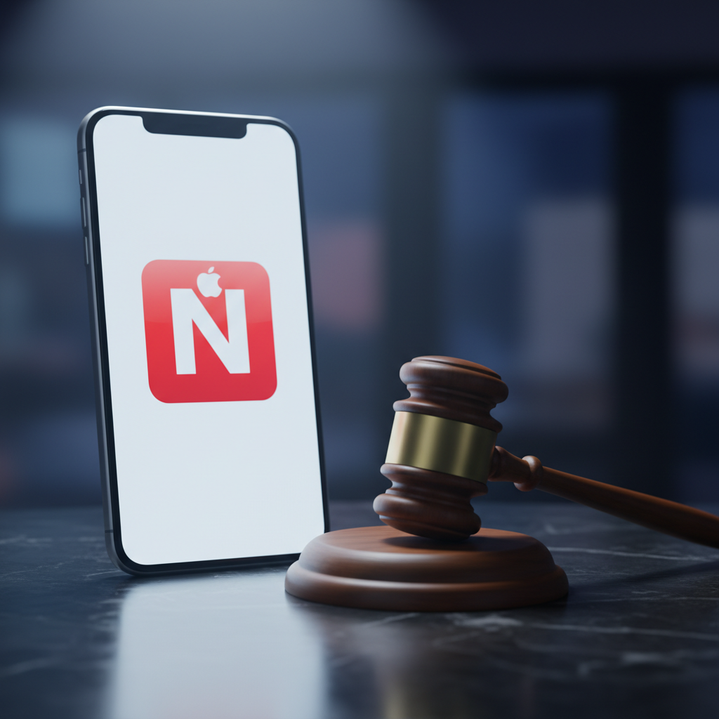 애플 뉴스 아이콘과 법적 경고를 상징하는 법봉의 조화