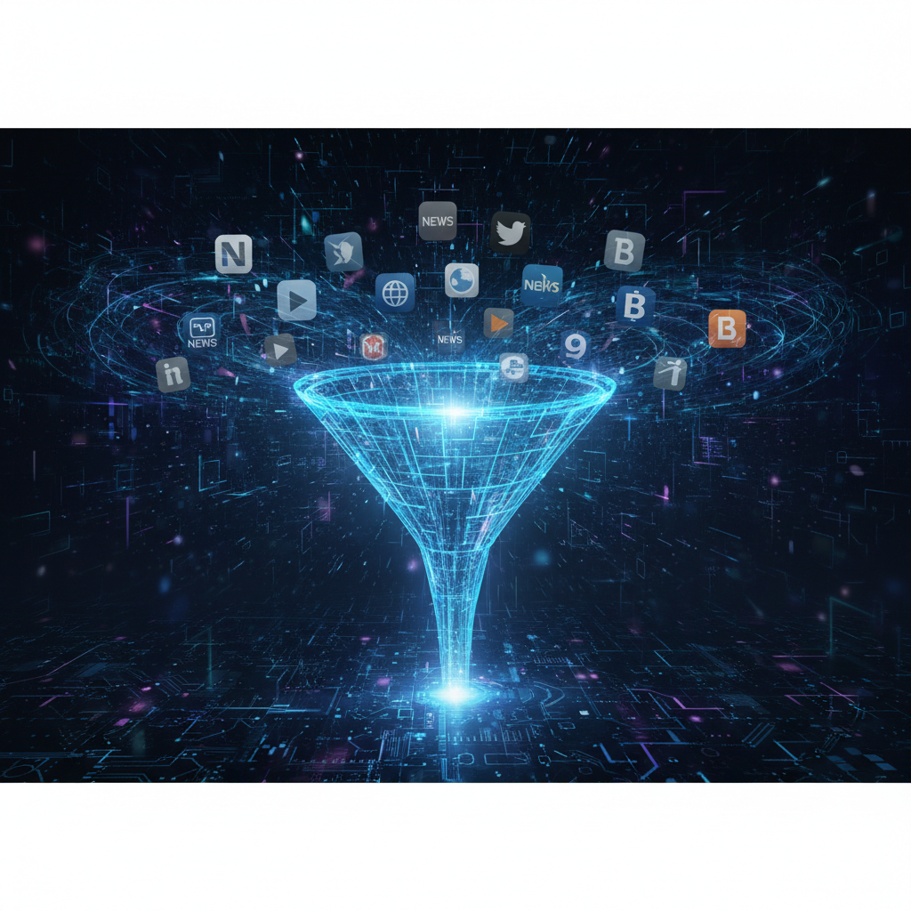 다양한 뉴스 매체들이 디지털 필터를 통과하는 모습