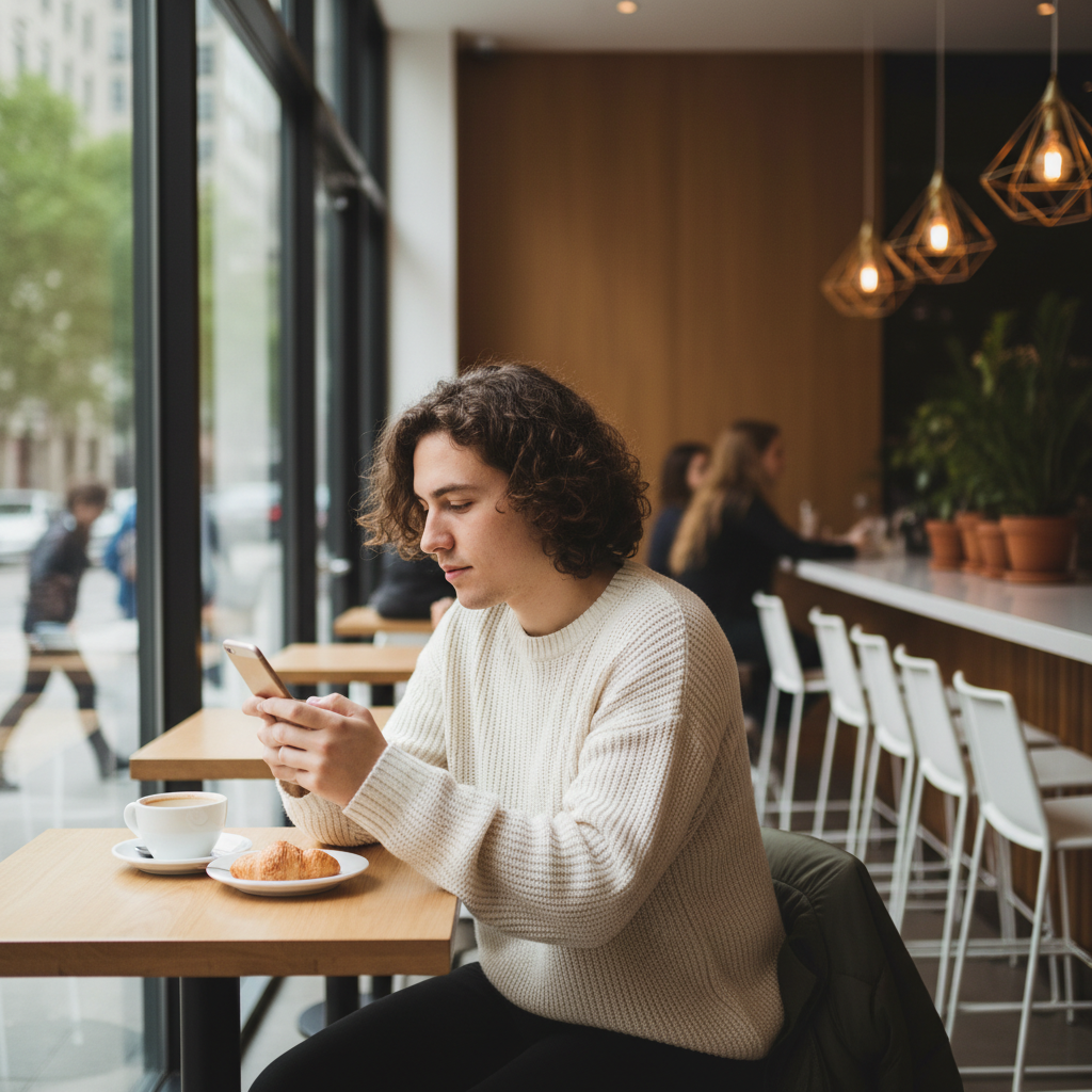 카페에서 스마트폰으로 뉴스를 확인하는 평범한 시민
