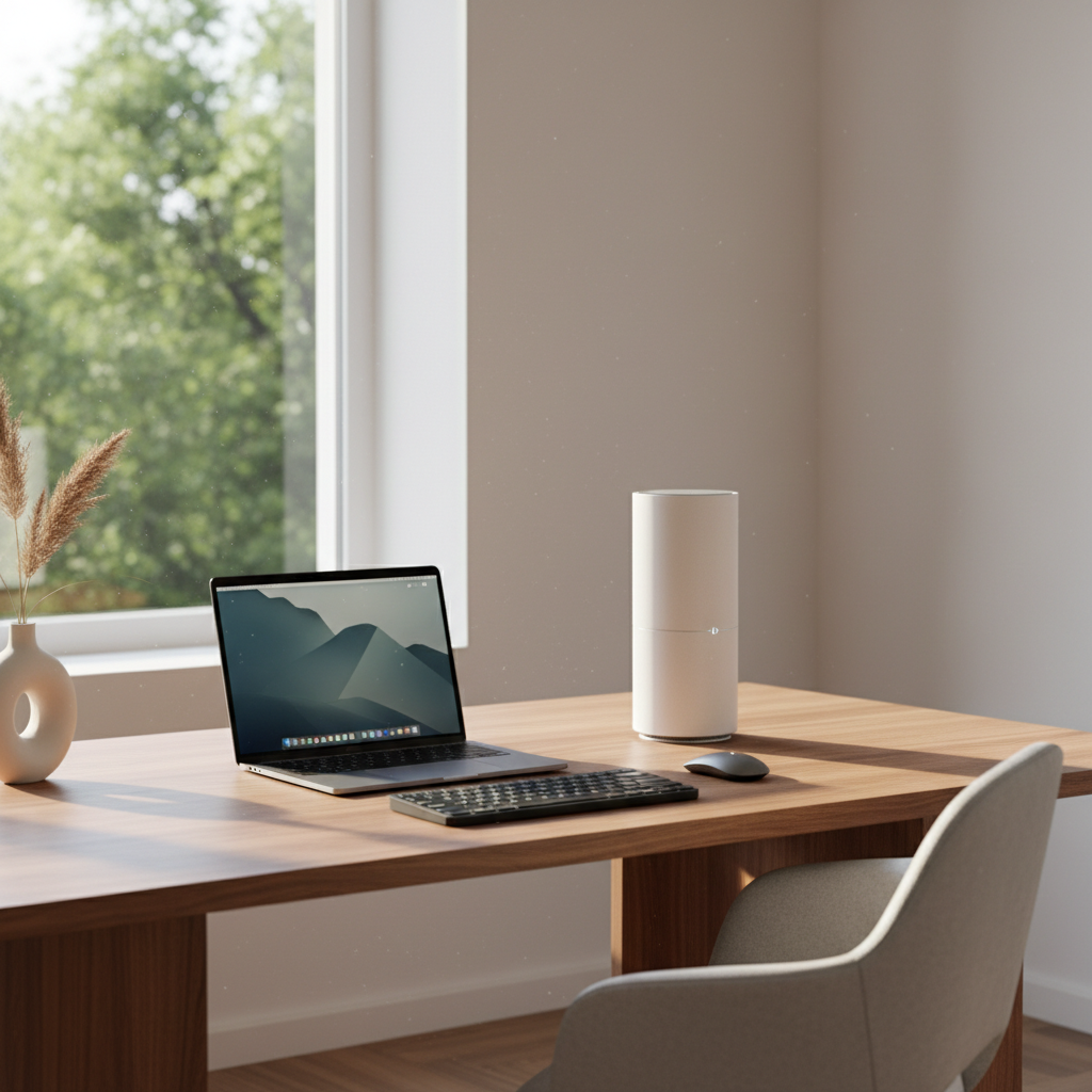 현대적인 데스크 위에 놓인 맥북 프로와 애플 타임 캡슐