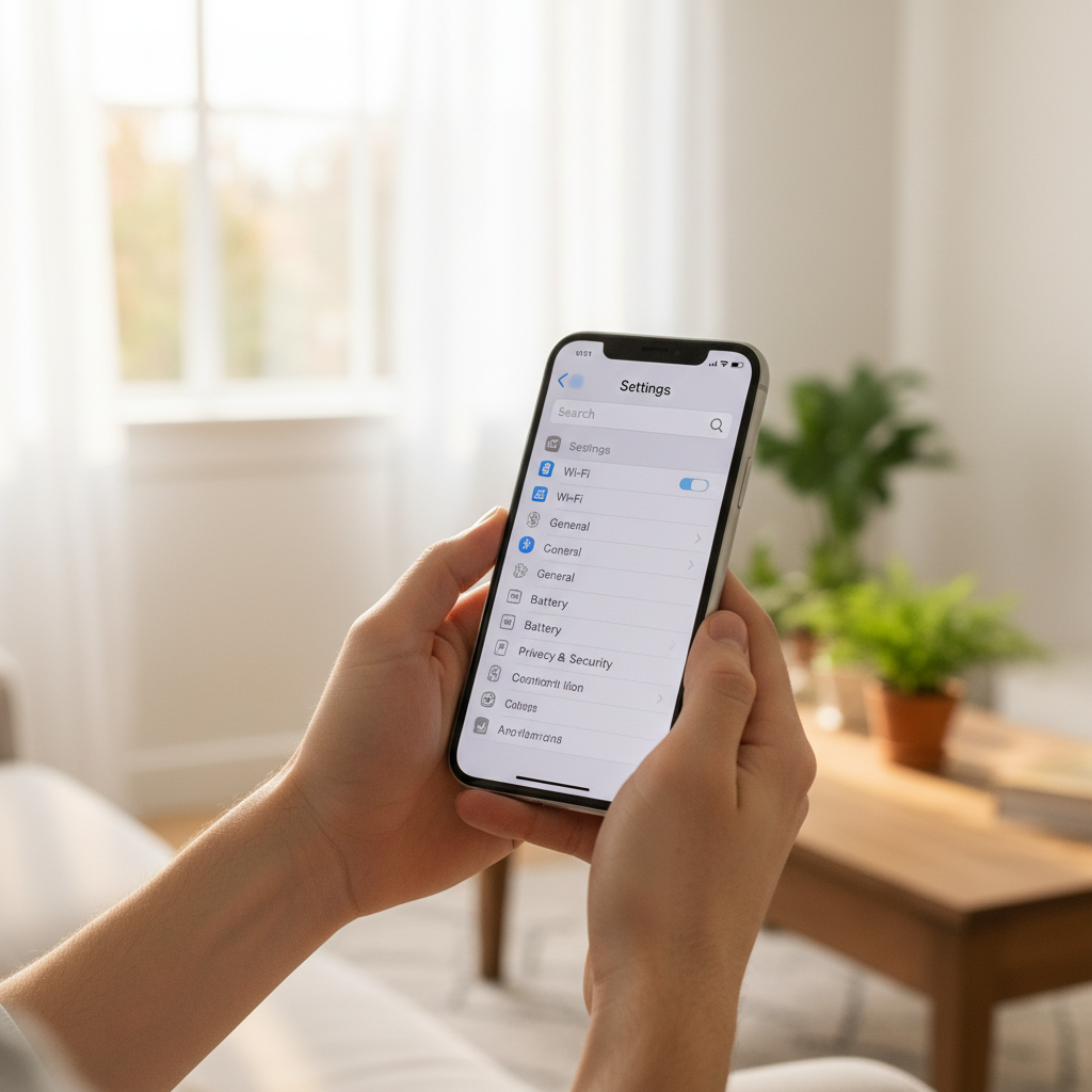 아이폰 설정 화면을 확인하는 손