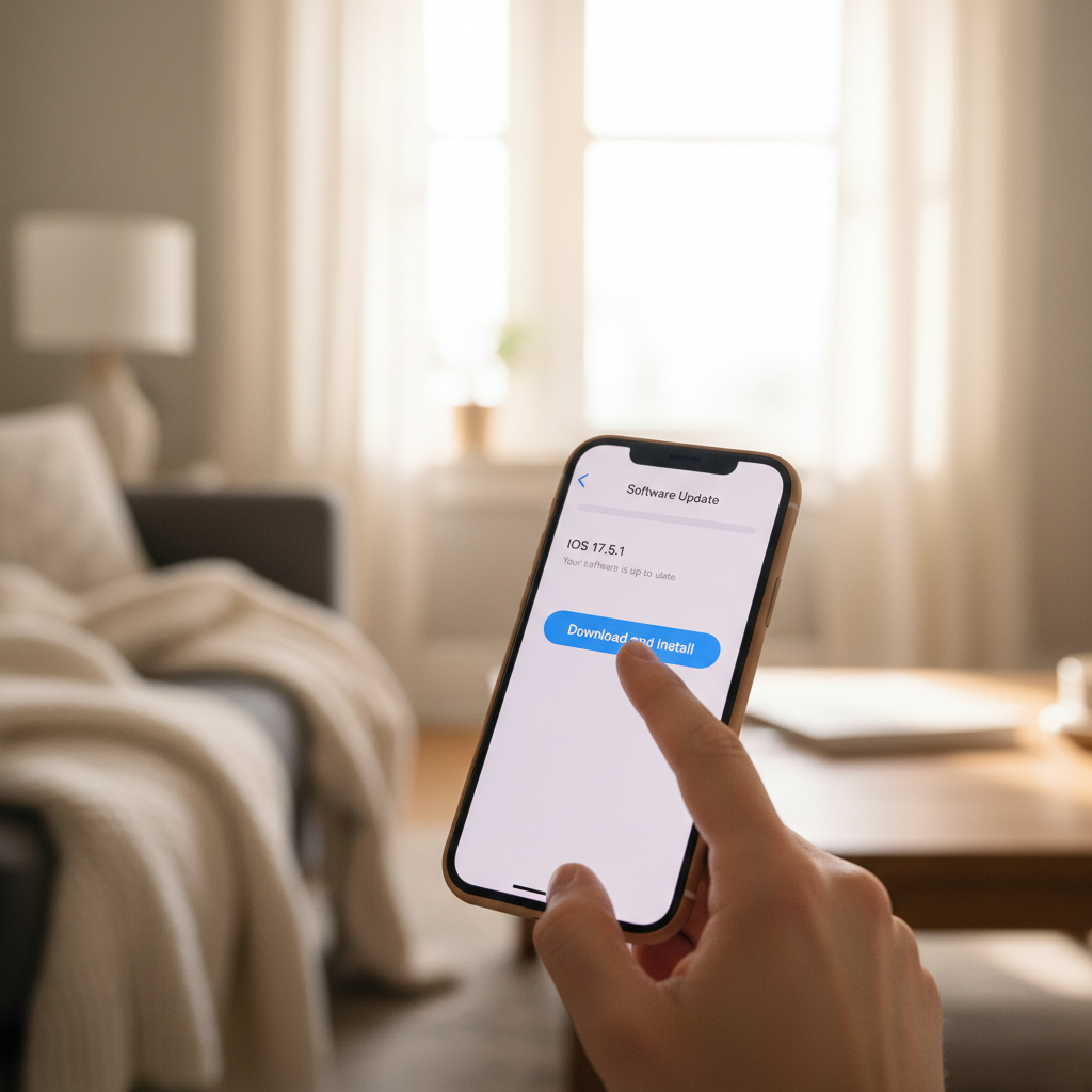 사용자가 아이폰 설정 메뉴에서 업데이트를 누르려는 손가락