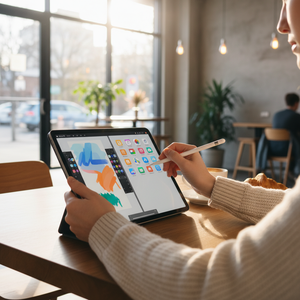 카페에서 아이패드로 작업 중인 사람의 손과 화면