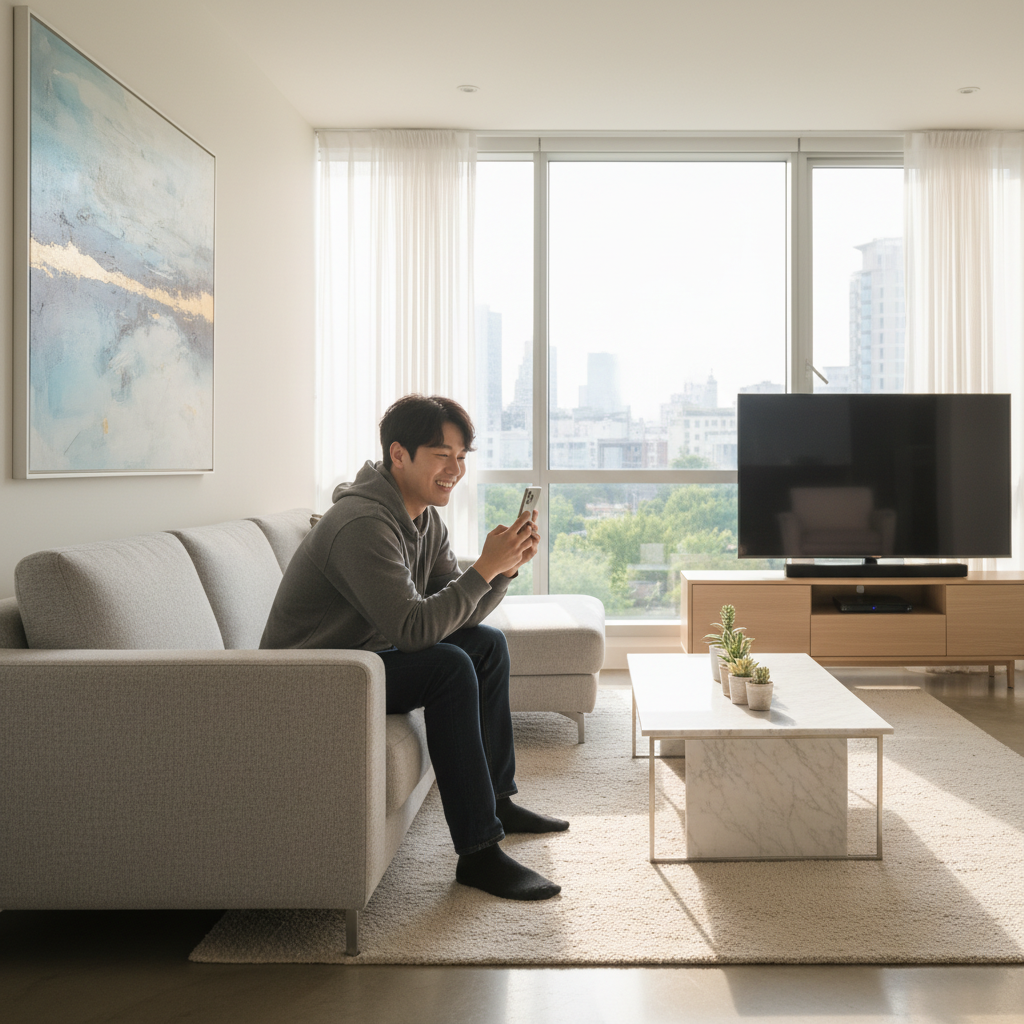 스마트폰을 보며 미소 짓는 사람의 일상적인 모습