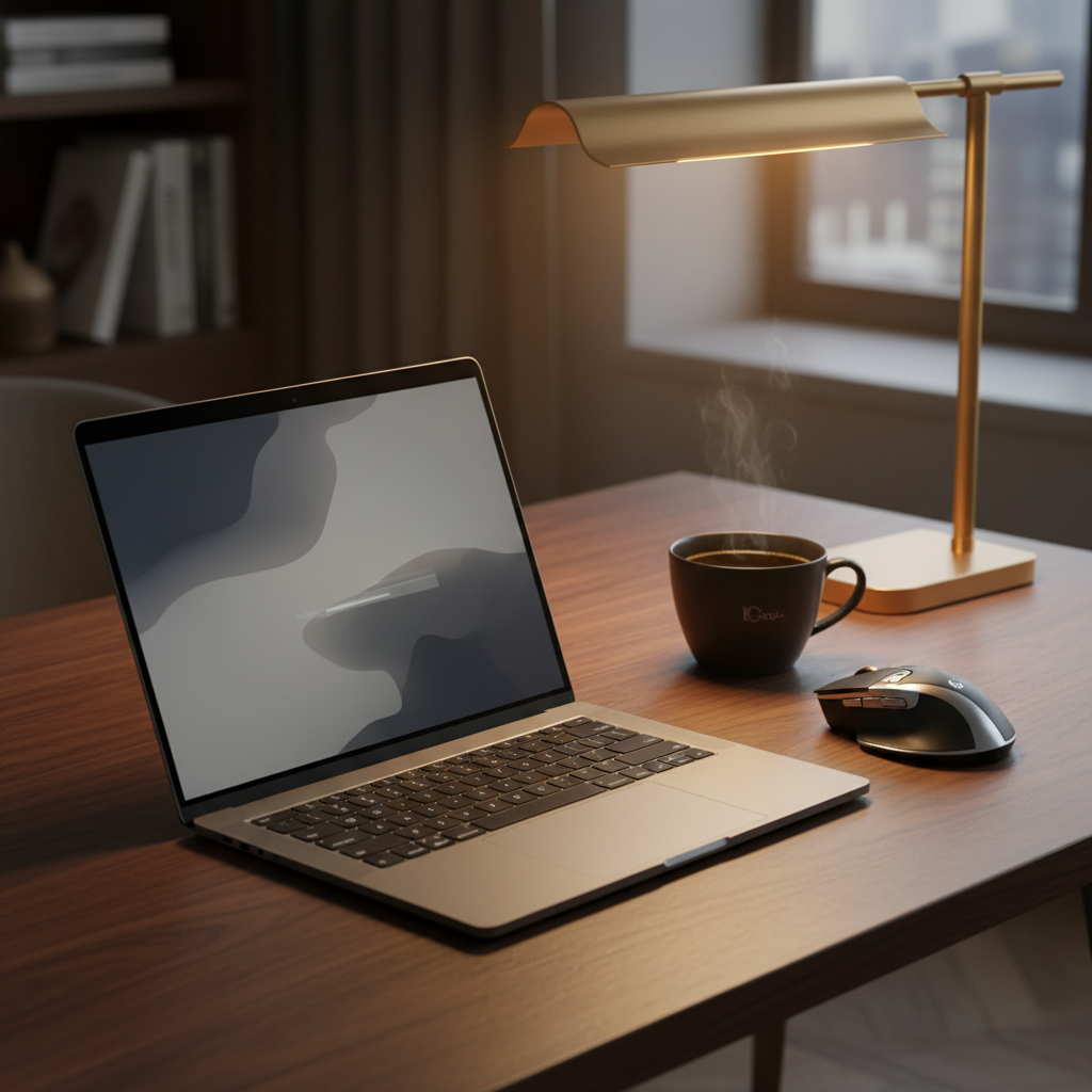 책상 위에 놓인 고성능 노트북과 작업 환경