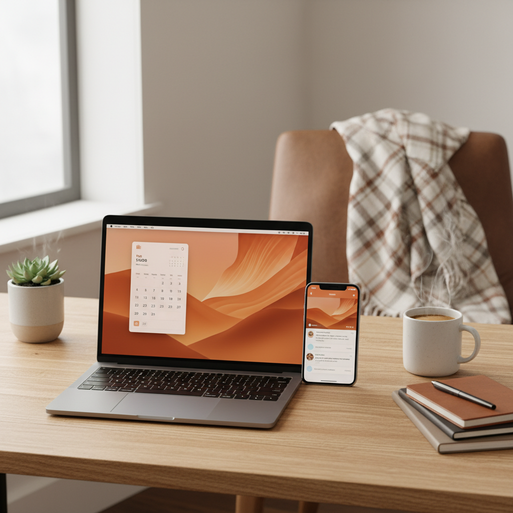 맥북과 아이폰이 나란히 놓인 깔끔한 책상 환경