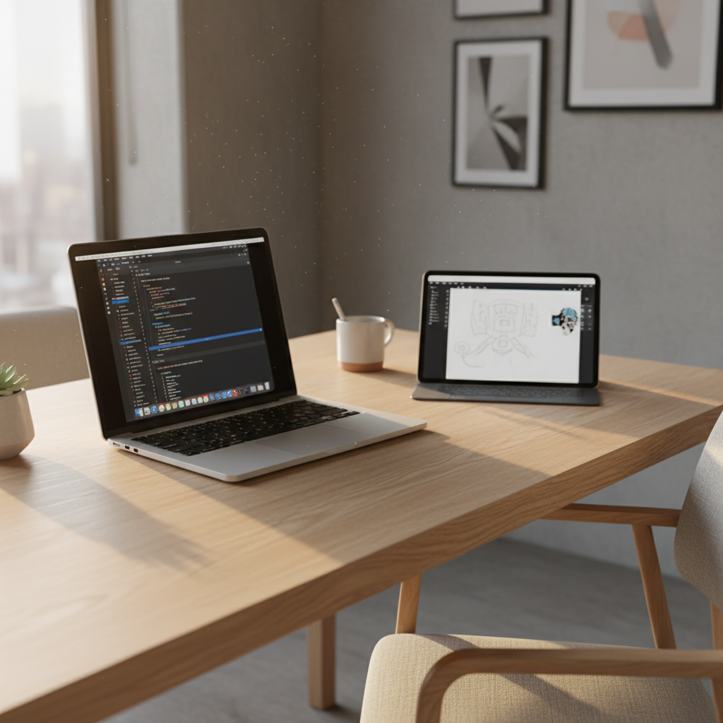 세련된 데스크 테리어 위의 맥북과 아이패드