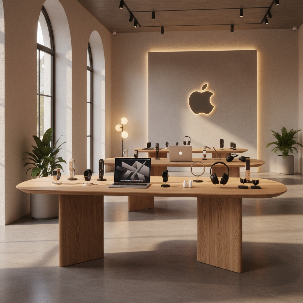 다양한 애플 기기들이 진열된 세련된 매장 분위기