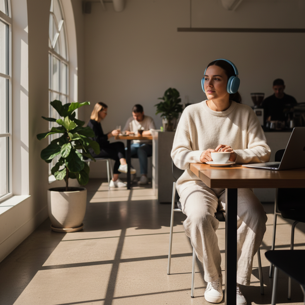 에어팟 맥스를 착용하고 음악을 즐기는 자연스러운 모습