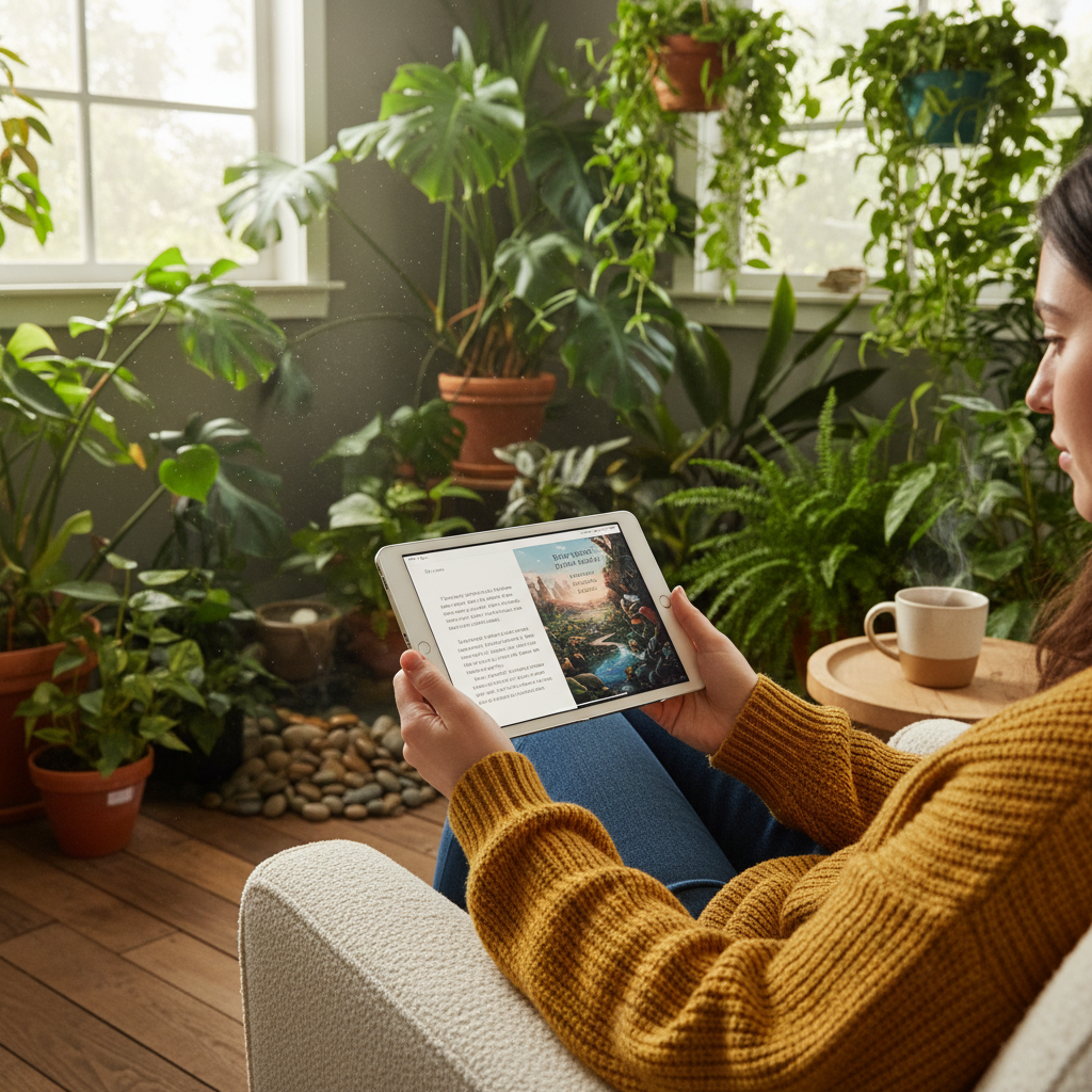 아이패드 미니를 들고 카페에서 독서하는 모습