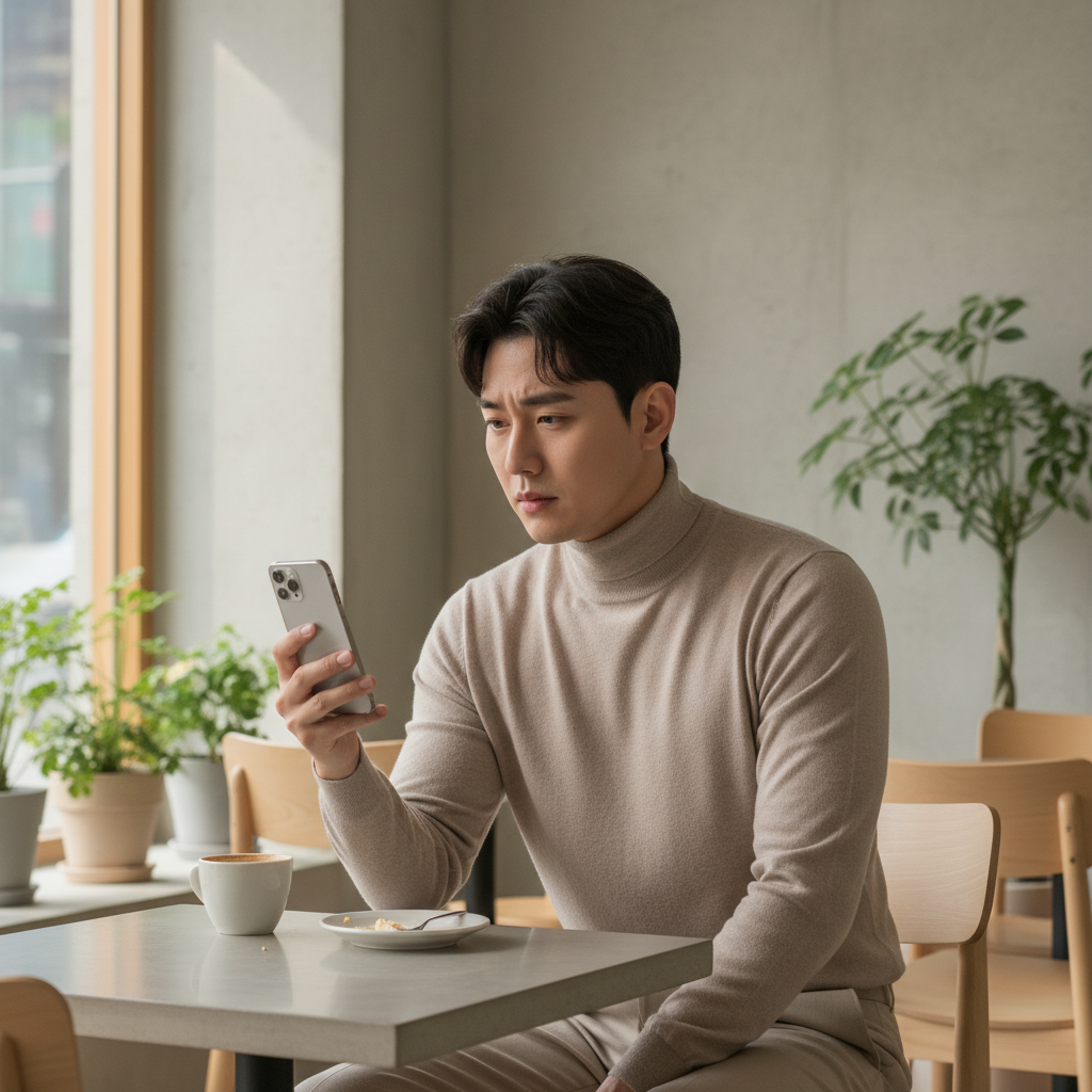스마트폰을 보며 고민에 빠진 세련된 한국인 남성